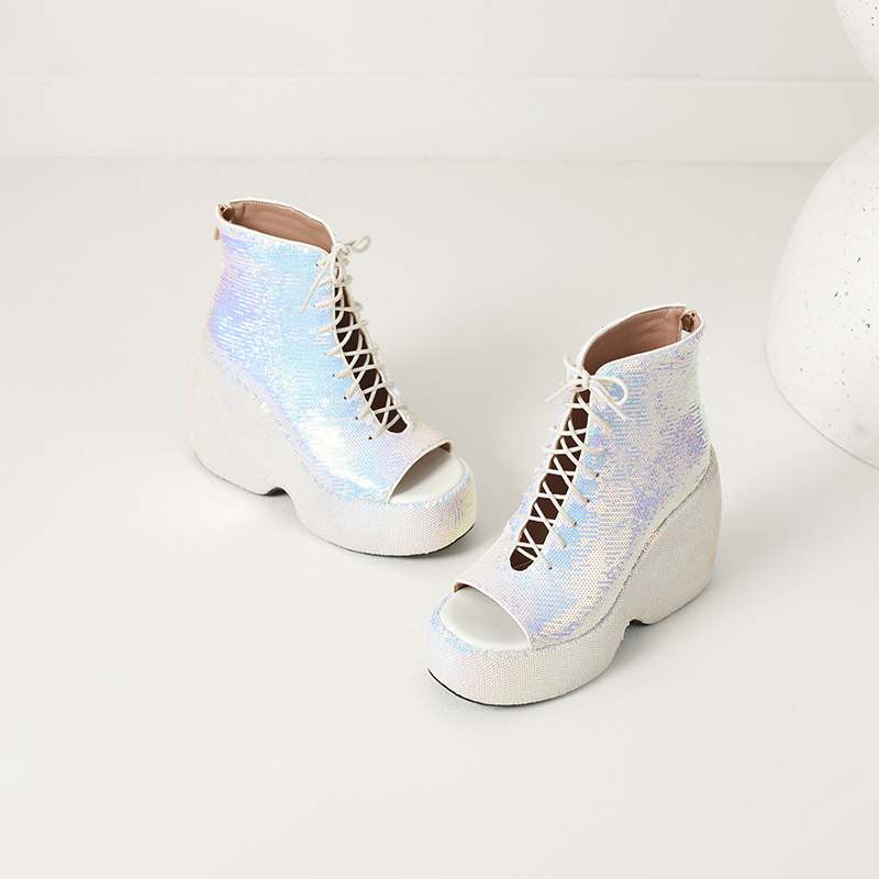 Krazing Pot Блестящая ткань весна лето размер 43 размер 42 женские платформы женские открытый носок сексуальные летние сапоги на шнуровке туфли-лодочки