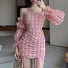Women Mini Dress Off Shoulder Long Puff Sleeve Plaid Drawstring Bodycon Strapless Dress