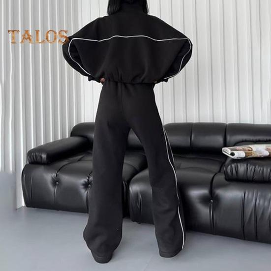 Женский комплект из 2 предметов: пальто и брюки, полувысокий воротник, застежка-молния, длинный рукав, эластичный пояс, широкие брюки, карманы, зимний повседневный спортивный костюм