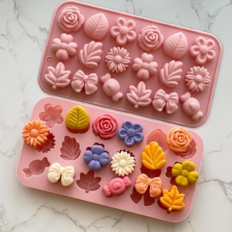 KuviKoo™ Silicone Baking Molds Set - Flowers, Leaves, Candy, Bow Shapes for Chocolate, Gummies, Ice Decoration, Food Safe Material, Easy to Clean
