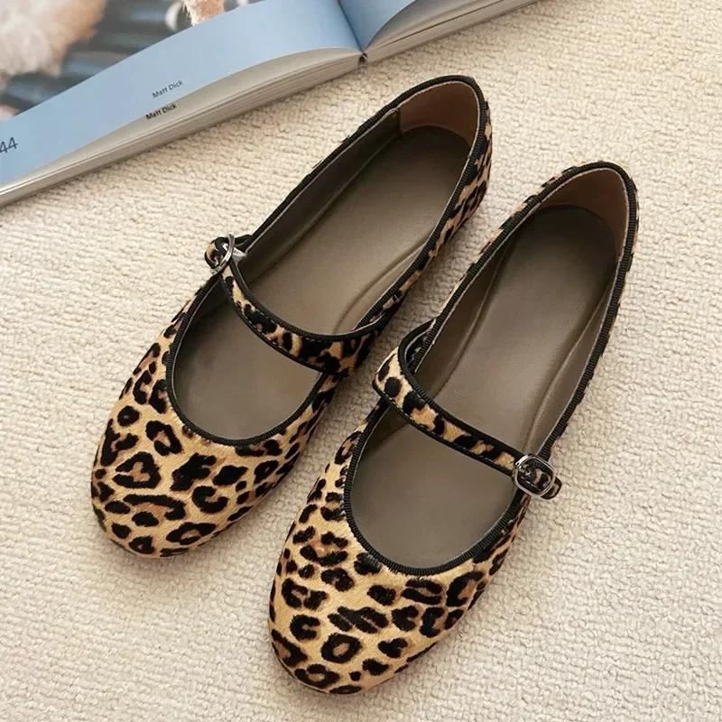 Luxury Brand Designer Leopard Suede Mary Jane Shoes Women Metal Belt Buckle Non-slip Soft Bottom Ballet Shoes Light Cozy Flats