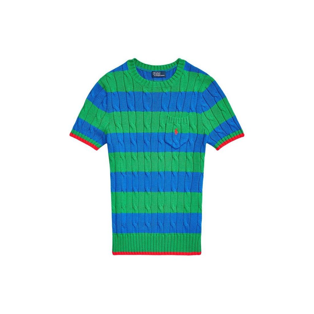 Polo Ralph Lauren SS24 Полосатый приталенный свитер с короткими рукавами и кабельной вязкой Женский свитер Академический-зеленый WMPOSWENC020893-999
