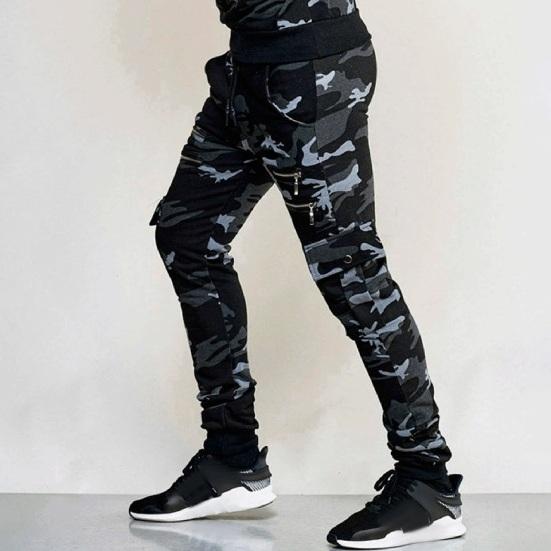 Men Cargo Pants Drawstring Elastic Waist Camouflage Print Multi Zippered Pockets Ankle-banded Slim Fit Casual Daily Wear