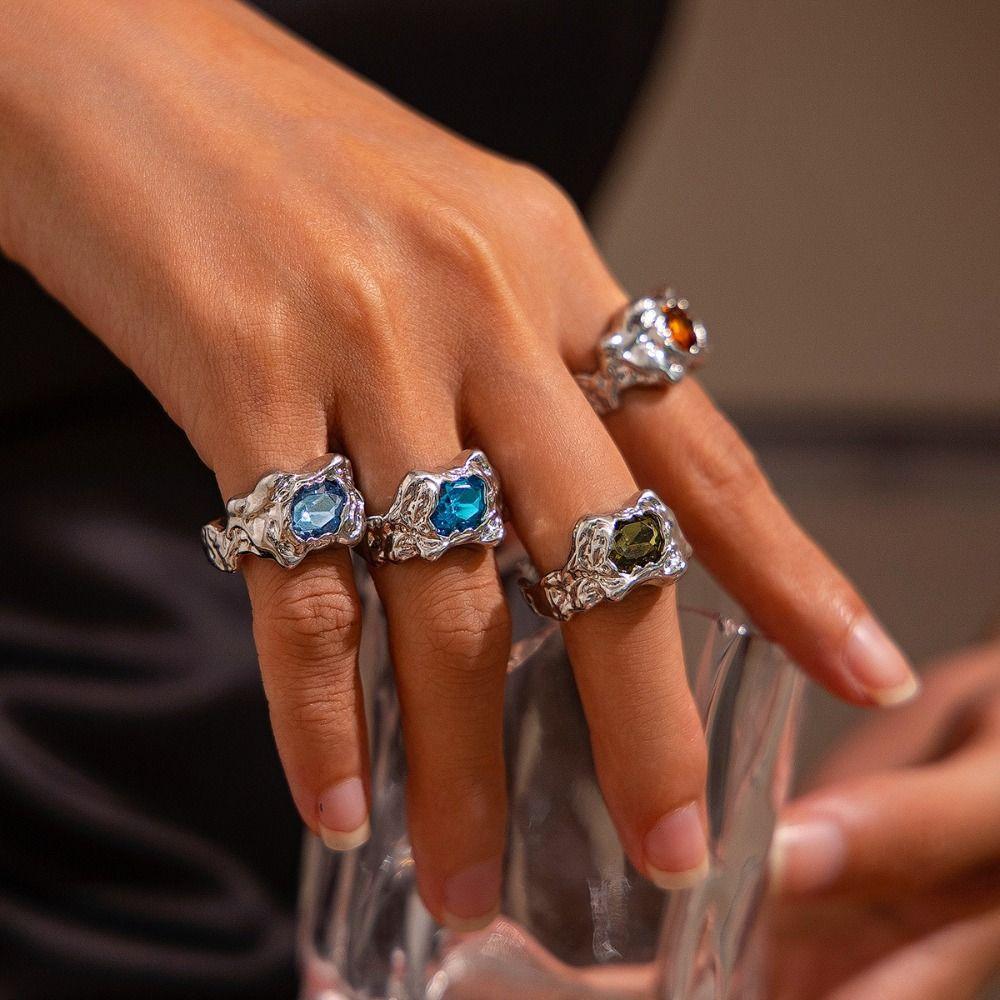 4Pcs Gold Silver Colored Gemstone Rings Irregular Exaggerate Rings Rhinestone Open Ring  Women
