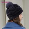 SOMALER Genuine Mink Fur Beret Hats for Women Winter Integral-fur Beret Hats with Fur Pompom Beanie for Cold Weather Ski Snow Cap