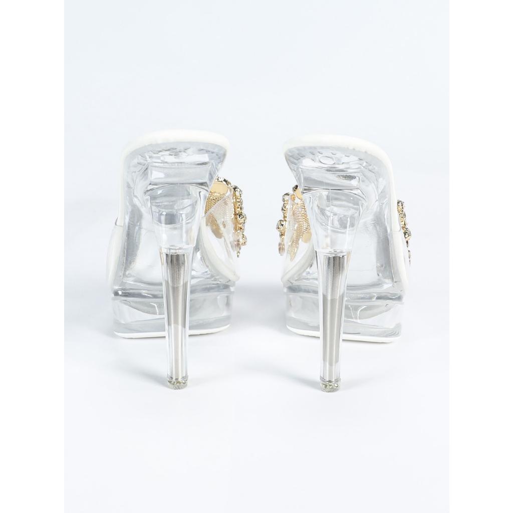 1099-Q17 Rhinestone Sexy High Heels 13CM Thin Heel Waterproof Table Slippers Transparent Crystal Shoes Wedding Shoes Banquet