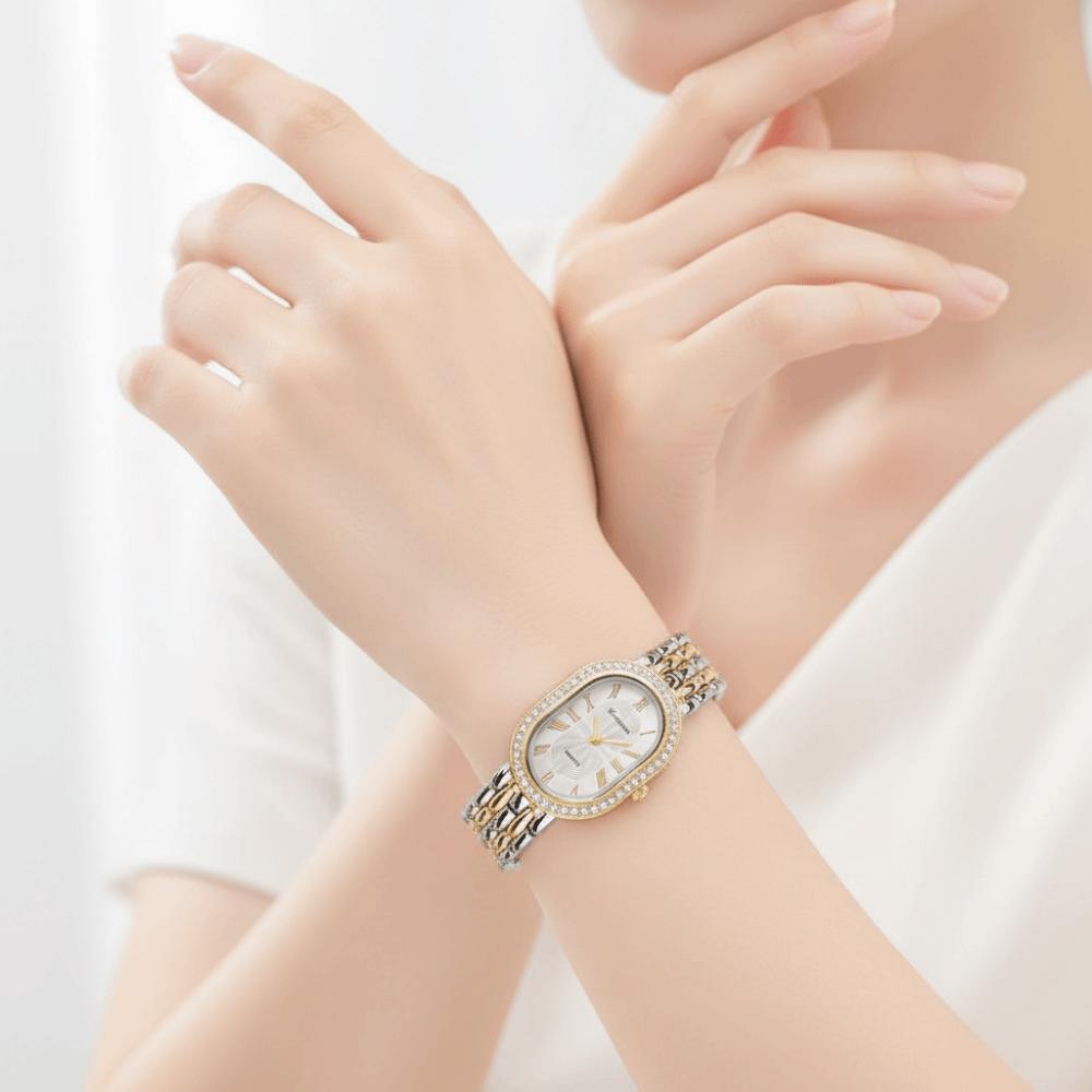 Rhinestone Encrusted Ladies Wristwatch Oval Dial Vintage Female Clock Business Occasion
