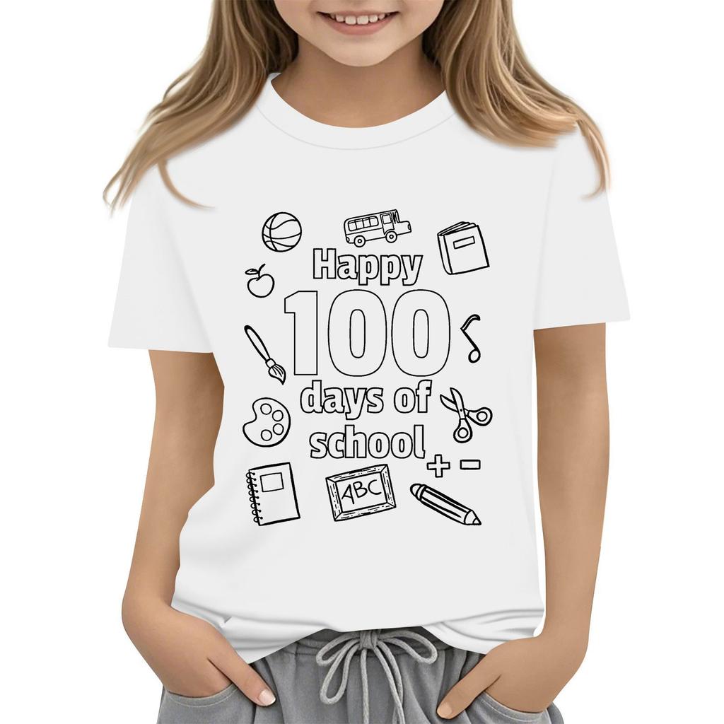 Kids Fashion Casual Short Sleeve 100 Day School Anniversary Printed Round Neck T-Shirt Top