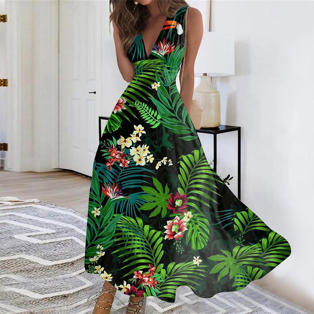 Women's Summer Fashion Hawaiian Print V-Neck Sleeveless Tunic Casual Dresses