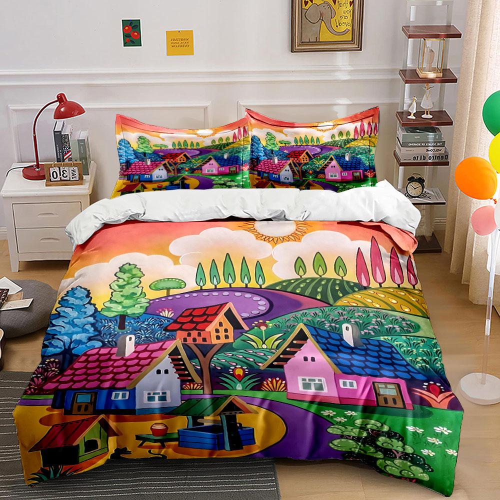 Colorful houses and trees. Bedding sets Duvet cover sets Duvet covers Pillowcases(1* Duvet Cover 2* Pillowcases without duvet insert)