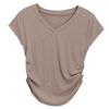 2025 Summer V-Neck Slim Fit Curved Hem Solid Color Flying Sleeve T-Shirt