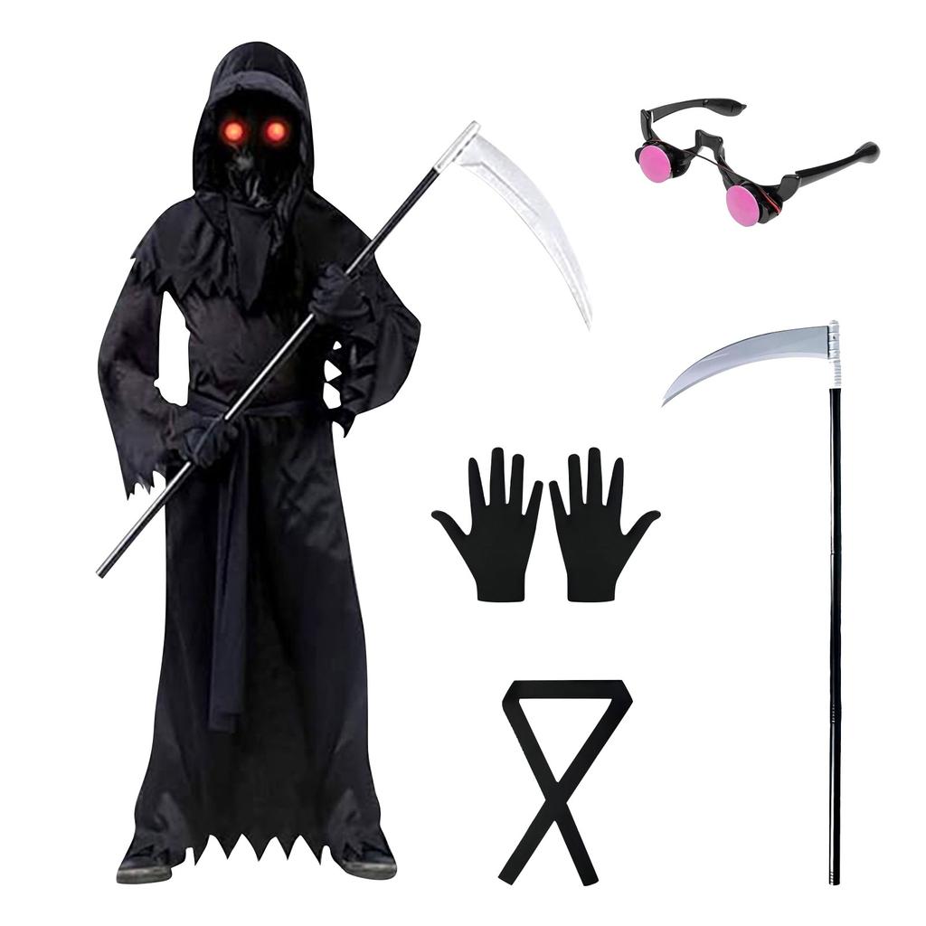 Набор из 5 предметов: костюм смерти ужасов, светящиеся очки, серп, костюм для выступления на сцене, детский костюм для косплея