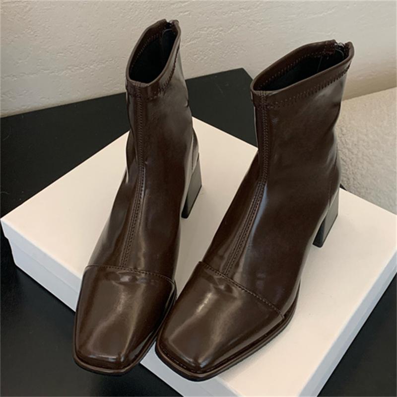 Fashion Eilyken High Quality PU Leather Round Toe Zipper Women Ankle Boots Fashion Square Low Heels Party Dress Shoes
