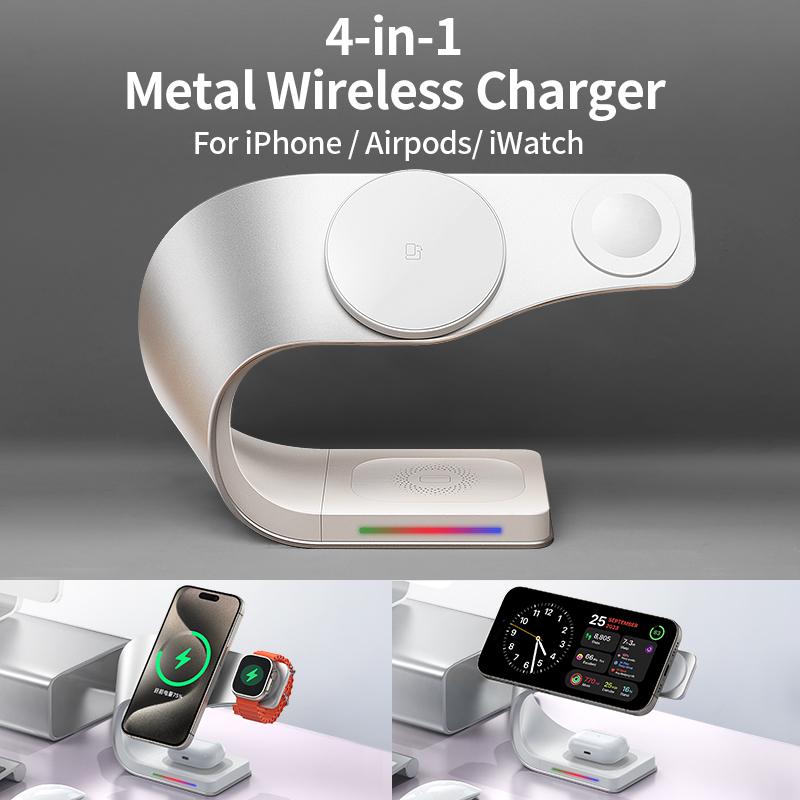 Wireless Charger Stand Metal Shell Magnetic 15W Fast Charging Station Stand for iPhone 12-17 Mobile Phones  Airpods Watch 4 in 1