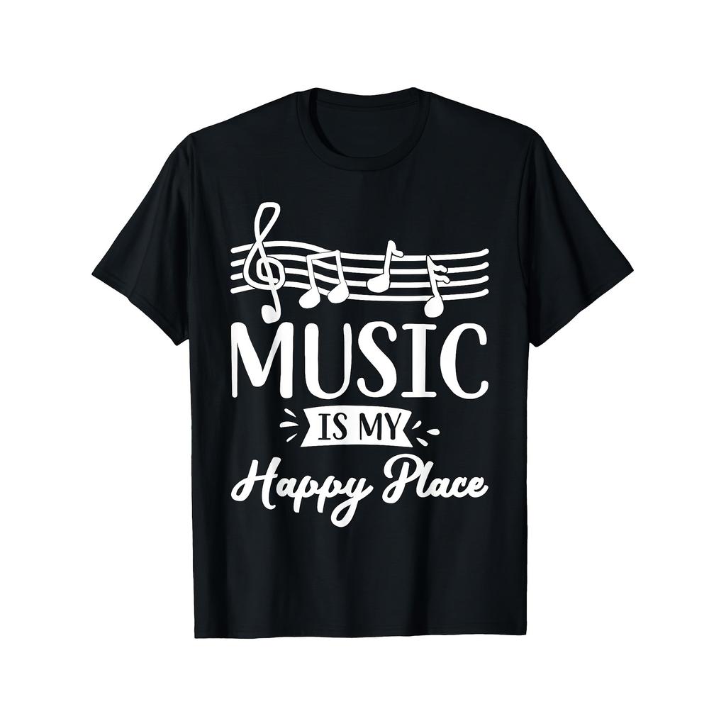 Music Is My Happy Place Graphic Tee Men's Round Neck Casual Short Sleeve T-Shirt