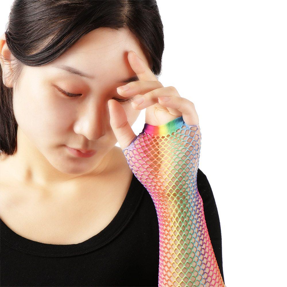 Fashion Wedding Party Colorful Disco Dance Hollow Out Holes Gloves Fingerless Mesh Net Rainbow