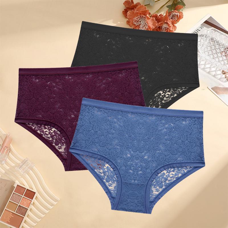 3PCS/Set Floral Embroidery Lace Panties Women's Plus Size Underwear Sexy Hollow Solid Briefs Girls Mid-Rise Temptation Lingerie