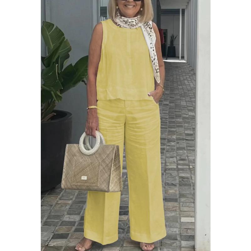 VEZFAA Женские модные повседневные летние весенние однотонные принтованные брюки без рукавов с круглым вырезом костюмы