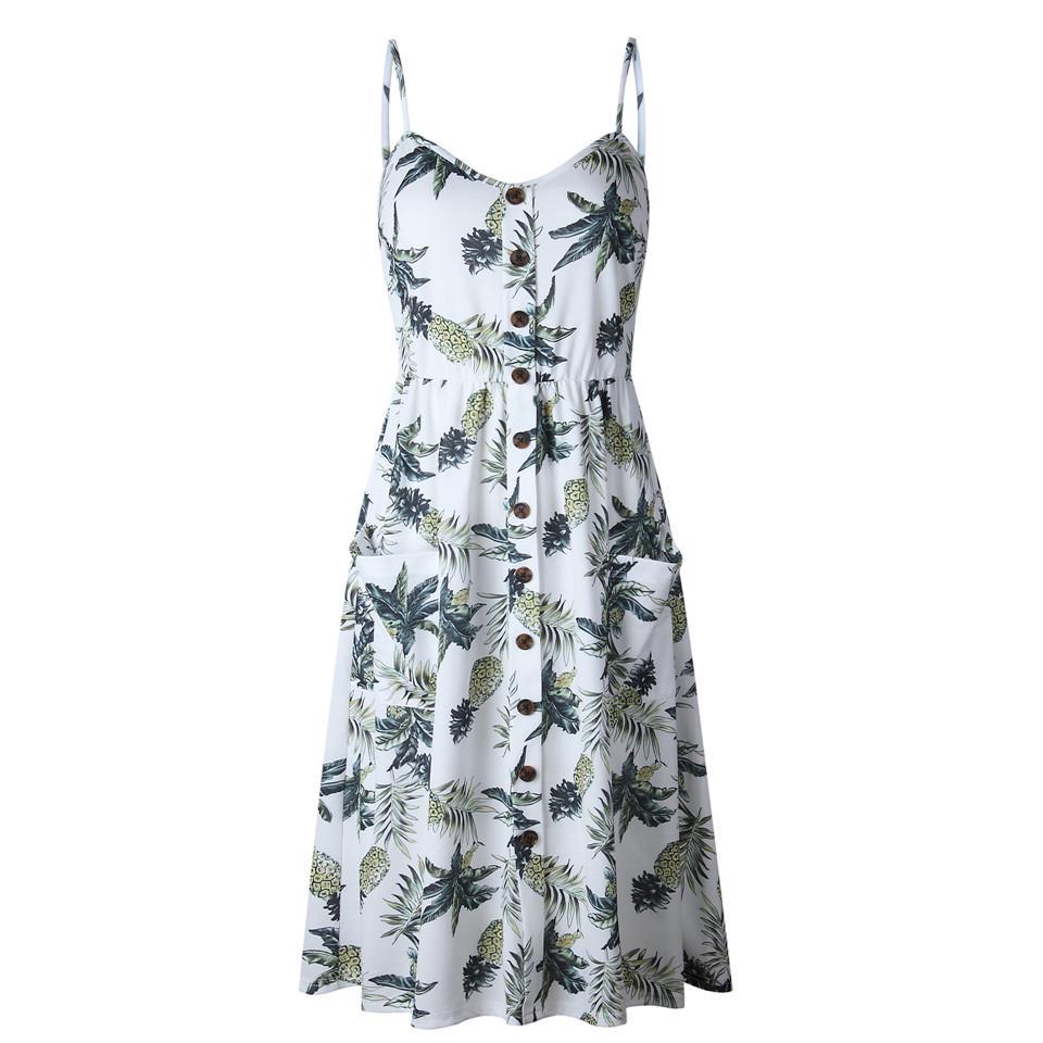 Sexy V Neck Backless Floral Summer Beach Dress Women Striped Button Pineapple Party Midi Dresses