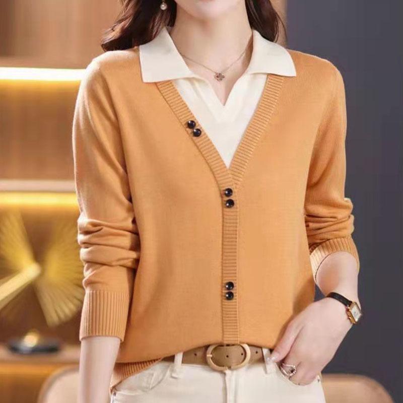 Европейский свитер, пуловер, весна 2023, женский дизайн, длинный рукав, пуговица, искусственный свитер из двух предметов, вязаный пуловер, женский