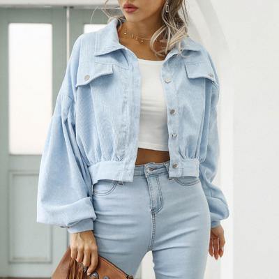 Осенняя женская укороченная куртка с лацканами и рукавами-фонариками, однотонное однобортное пальто, верхняя одежда, винтажное вельветовое пальто