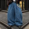 Men Casual Zip-up Waist Plaid Wide Legs Pants Long Trousers