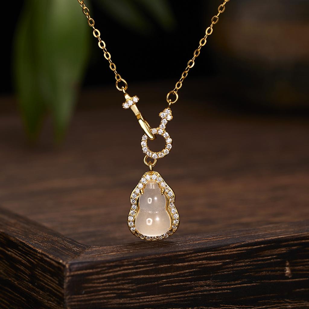 New Chinese Style S925 Sterling Silver Natural White Chalcedony Gourd Necklace, Luxury Interlocking Clavicle Chain Jewelry For Women