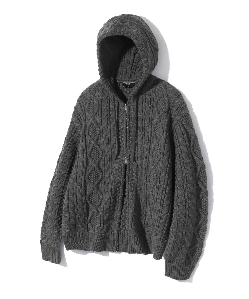 TRILLION Washable Aran Cable Hooded Zip-Up Knit (Charcoal)