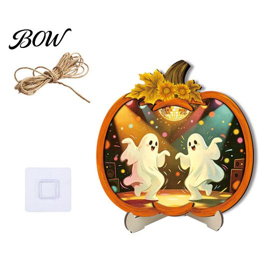 Cool Patterned Ornaments Halloween Door Sign, Glowing Ghost Hanging Decor, Wooden LED Window Festive Theme Ornament for Party, Spooky Wall Pendant