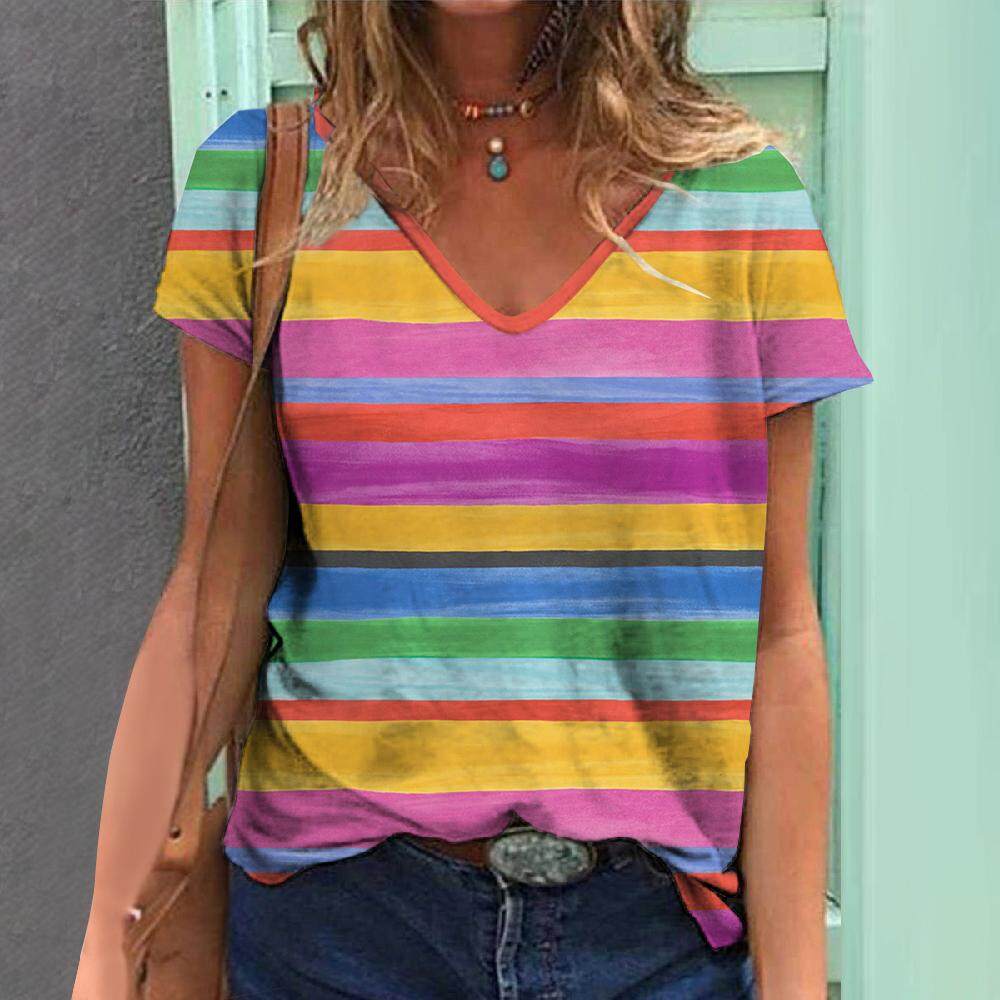 3D Striped Print T-Shirts For Women Oversized V-Neck Short Sleeve Tops Summer Fashion Popular Female Clothing 2024 Streetwear