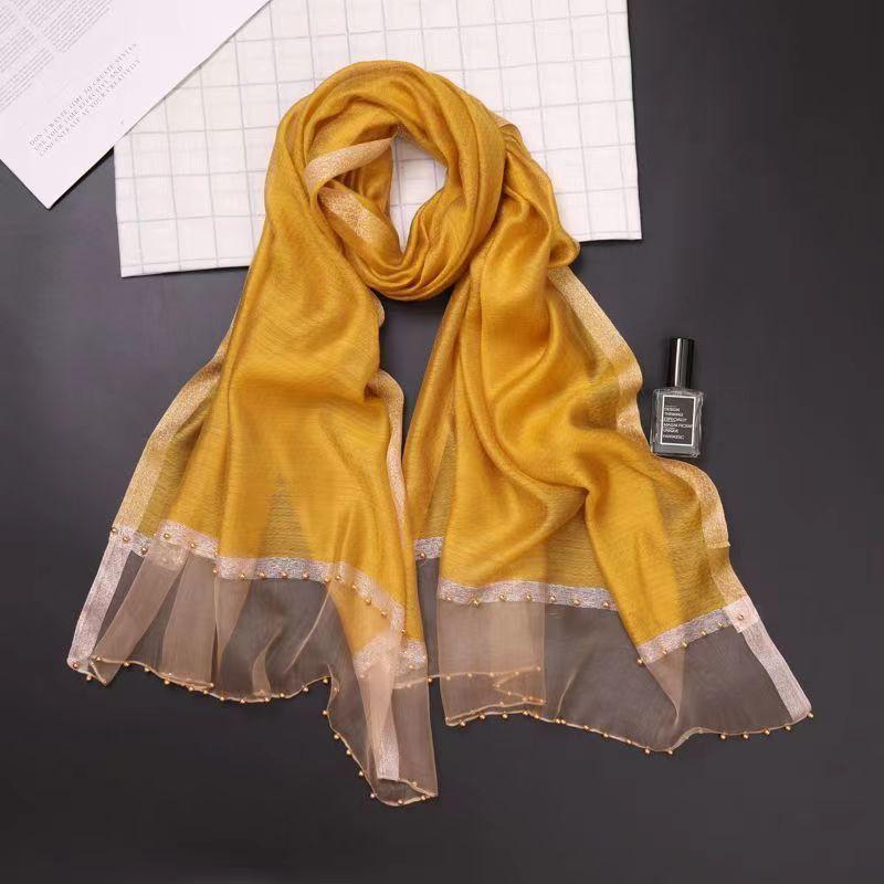 Новый шарф для женщин, тонкий, с бисером, однотонный, шаль, шарф из марли с золотой нитью, персонализированный, шарф из искусственного шелка, весна и осень