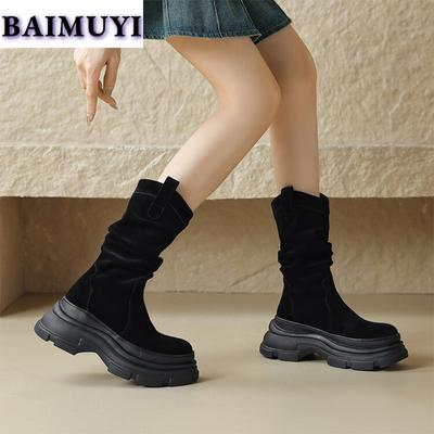 Женские полусапожки на плоской подошве, брендовая обувь 2025 года, модные высокие сапоги из плиссированной замши, зимние повседневные ботинки для ходьбы, женские ботинки