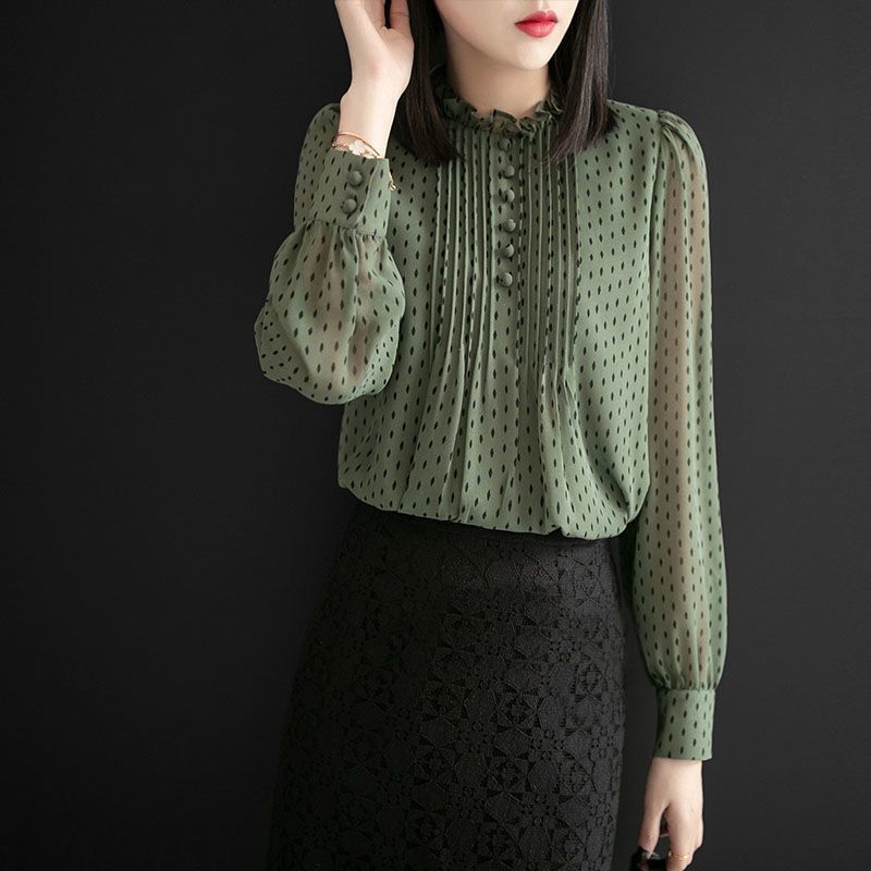 Женский офисный топ с длинным рукавом, кружевной в горошек, с длинным рукавом, большого размера, свободный, большого размера, сетчатый, с длинным рукавом