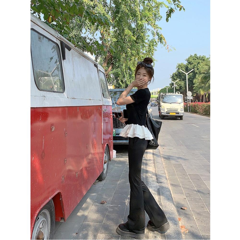 Летняя футболка из МОДАЛ-ХЛОПКА для женщин в балетном стиле с круглым вырезом и короткими рукавами, повседневные футболки с принтом листьев лотоса, облегающие, эластичные, черные топы