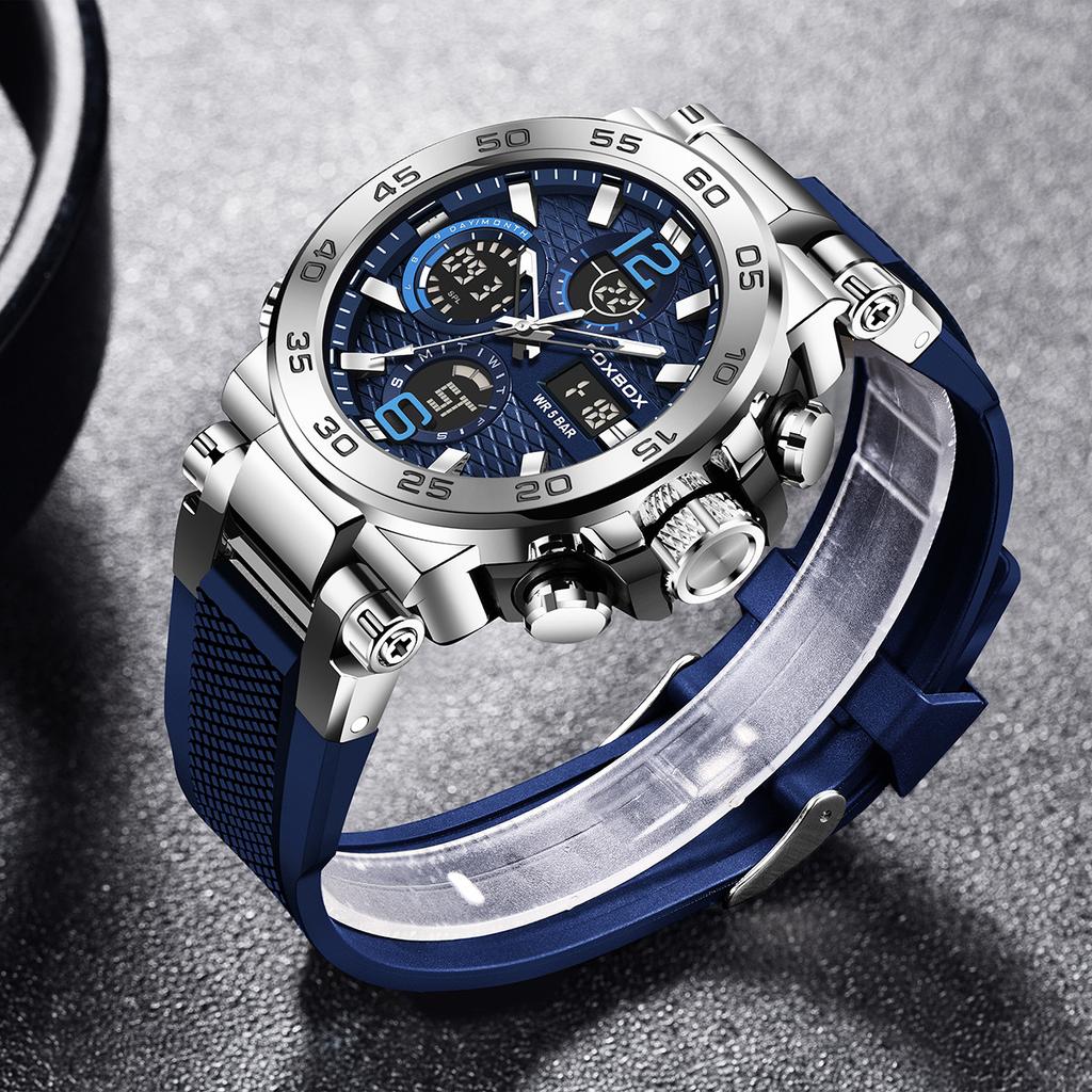 FOXBOX New Multifunctional Sports Watch Waterproof Luminous Dual Display Electronic Watch Fashion for Men Women Black