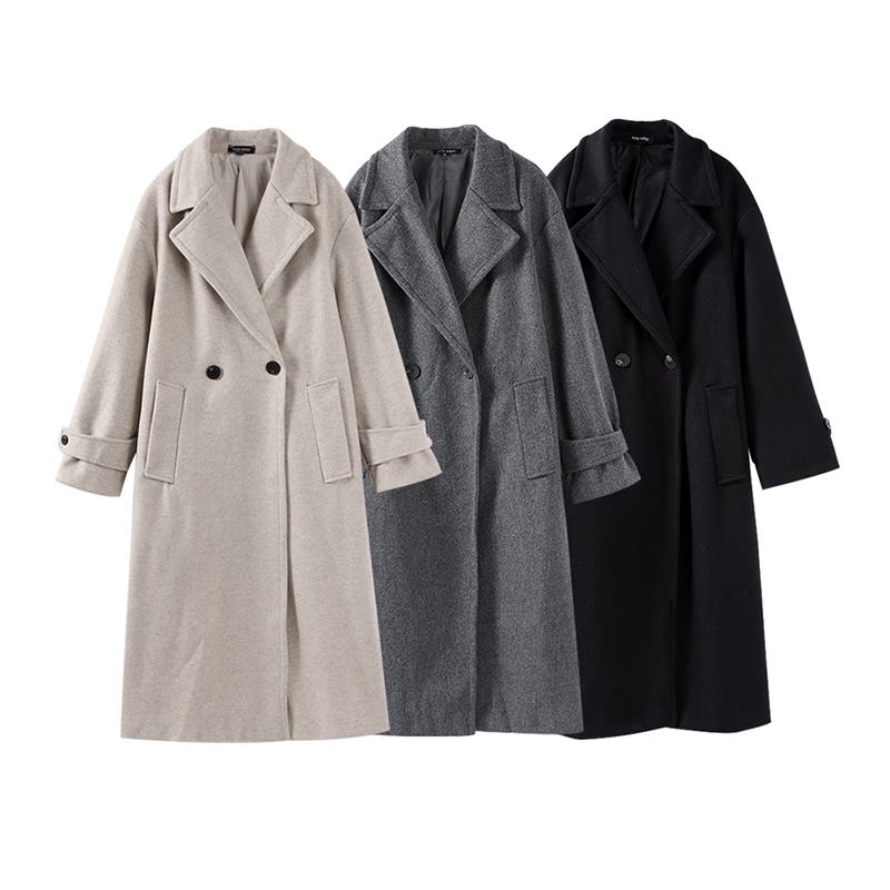 Женская мода шерстяная смесь теплое длинное пальто осень-зима свободный карман двубортный пиджак элегантное пальто с лацканами