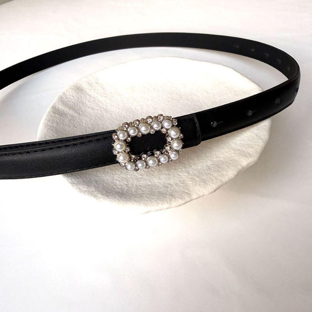 Rhinestone Pearl Decorated Women's Waist Belt Single Circle Pin Buckle Black White Waistband Thin Waist Strap Dress Accessory