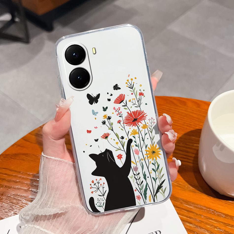 Прозрачный чехол для Poco X7 Pro Милый Кот Цветы Мягкий ТПУ Корпус для Xiaomi Poco X 7 Pro X7Pro Ударопрочный Задняя крышка телефона Fundas