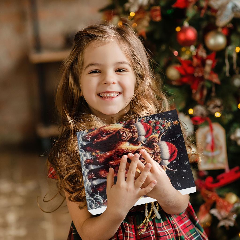 Christmas Advent Calendar Highland Cow Christmas Countdown 24pcs Christmas Tree Highland Cow Pendants Ornament 2D Flat Gift