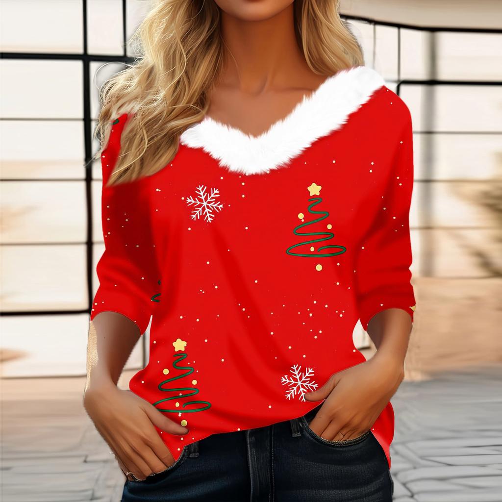 Женская мода с длинным рукавом и рождественским принтом, праздничный воротник, V-образный вырез