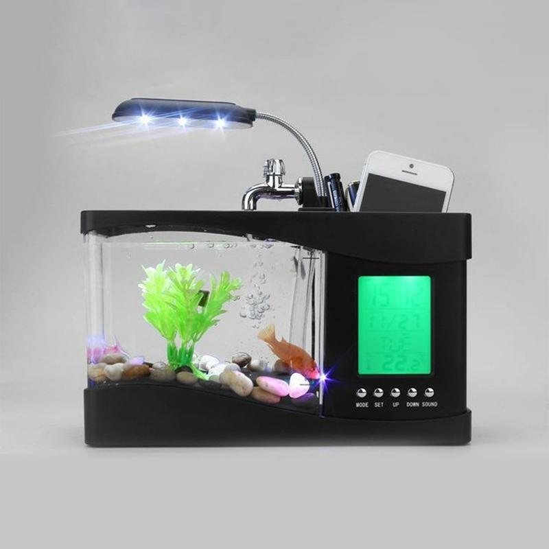 Fish Tank Mini Aquarium Beta Self Cleaning With LED Light LCD Display Screen And Clock Fish Tank For Office Home Decoration