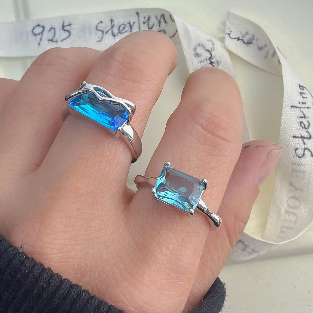 925 Sterling Silver Rings for Women Couple Minimalist Handmade Blue Stone Ring Fine Jewelry Gift Prevent Allergy