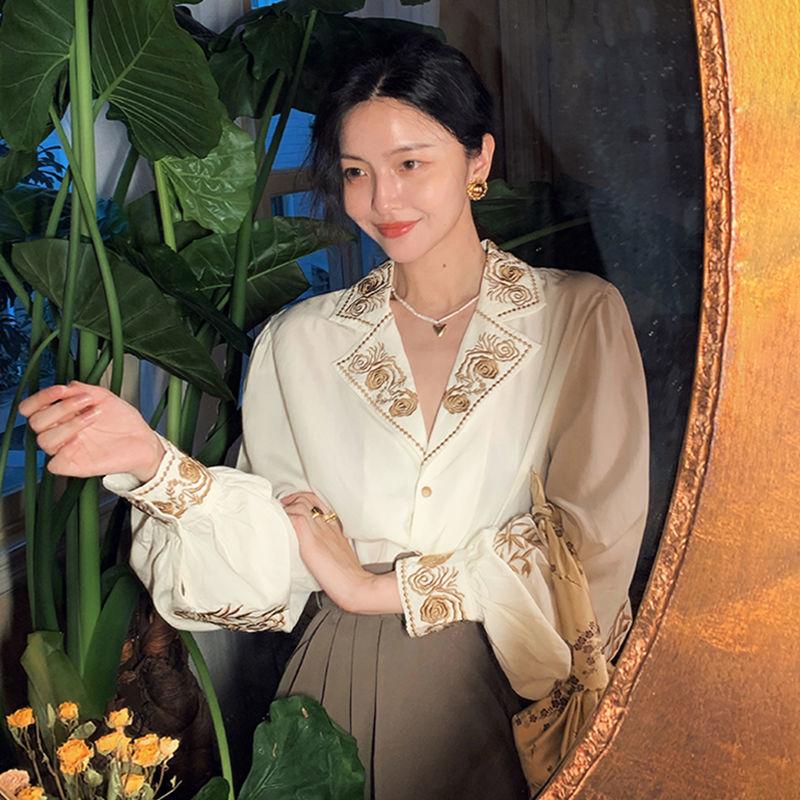 Блузка женская элегантная винтажная рубашка с вышитым цветочным топом с длинным рукавом корейская офисная женская негабаритная роскошная дизайнерская королева