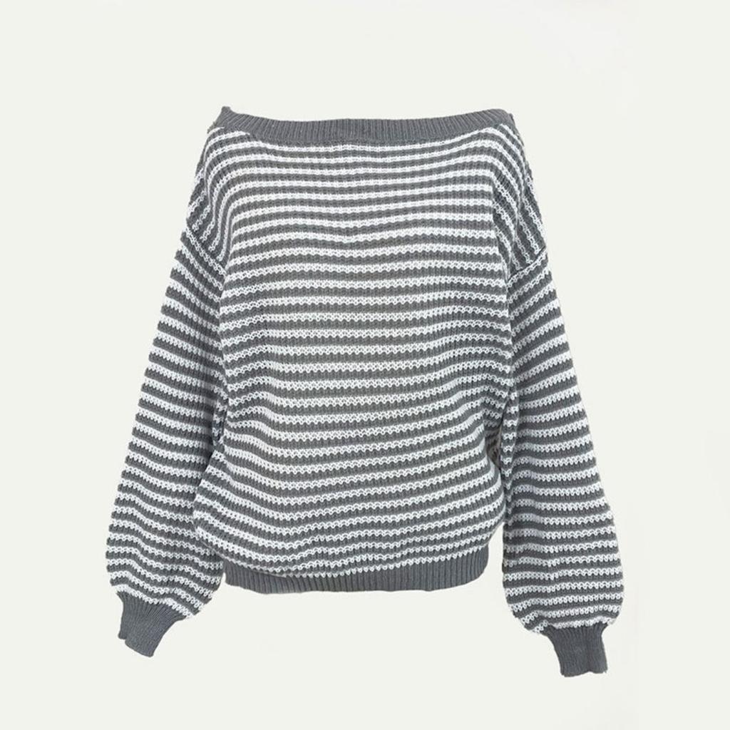 Versatile Knitted Top One-Row Neck Lace-Up Style Sweater Loose Fit Striped Lantern Sleeve Tops
