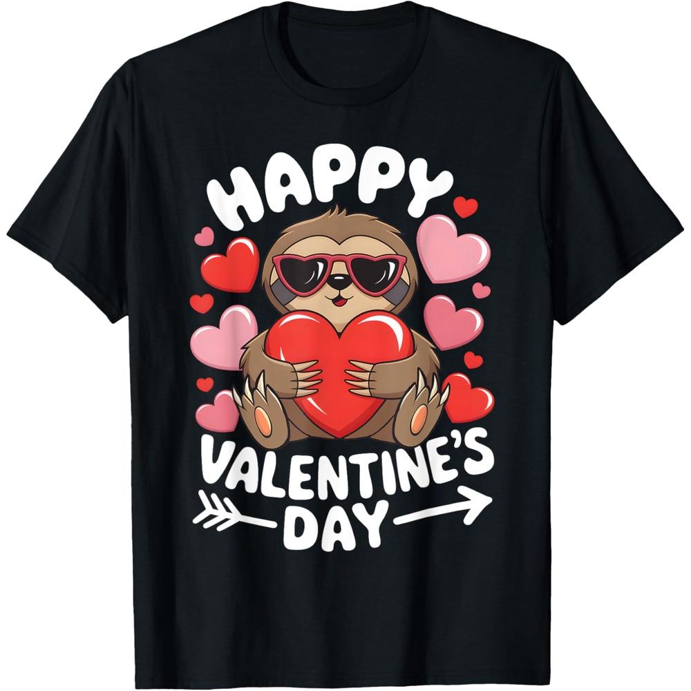Happy Valentines Day Sloth Red Hearts Graphic Women Girls Cotton Men T Shirt