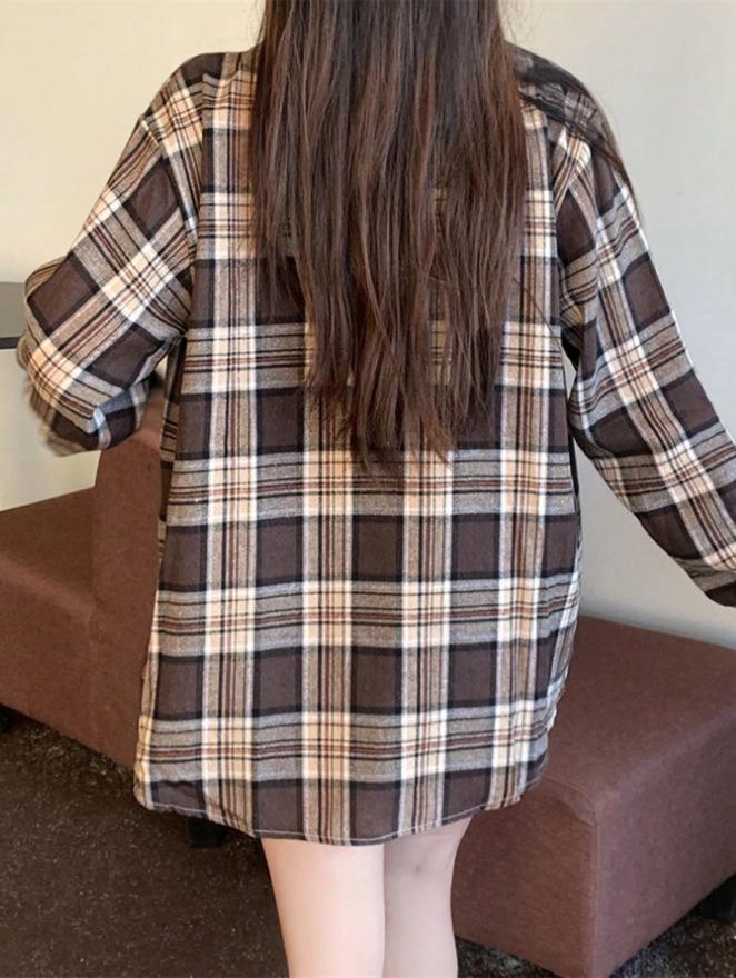 Women's Retro Plaid Long-Sleeve Mid-Length Shirt-Jacket