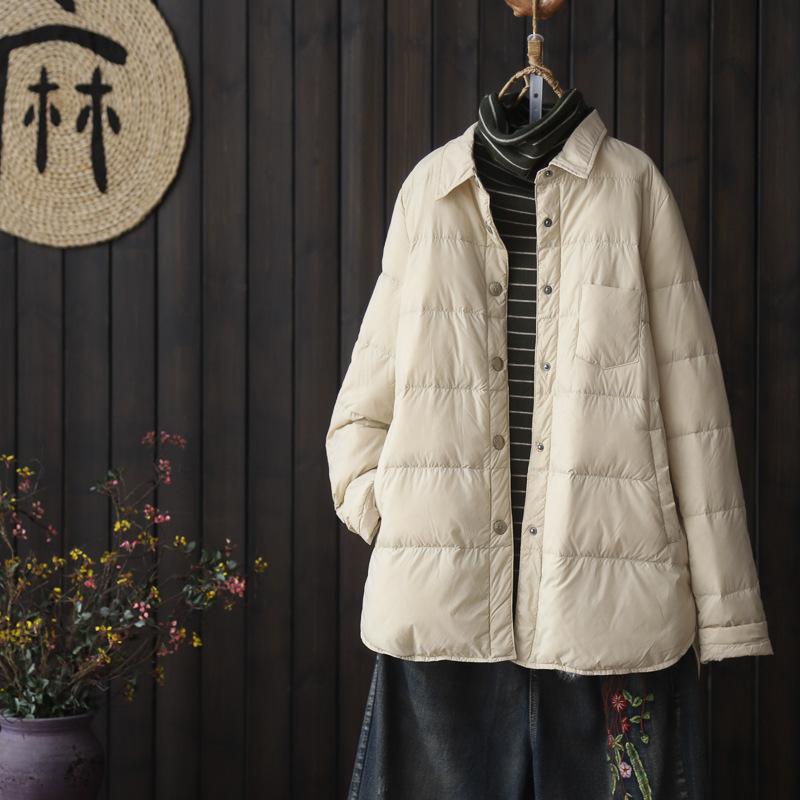 Литературный однотонный воротник рубашки легкий пуховик рубашка женская осень и зима 2024 новый белый утиный пух модный пуховик