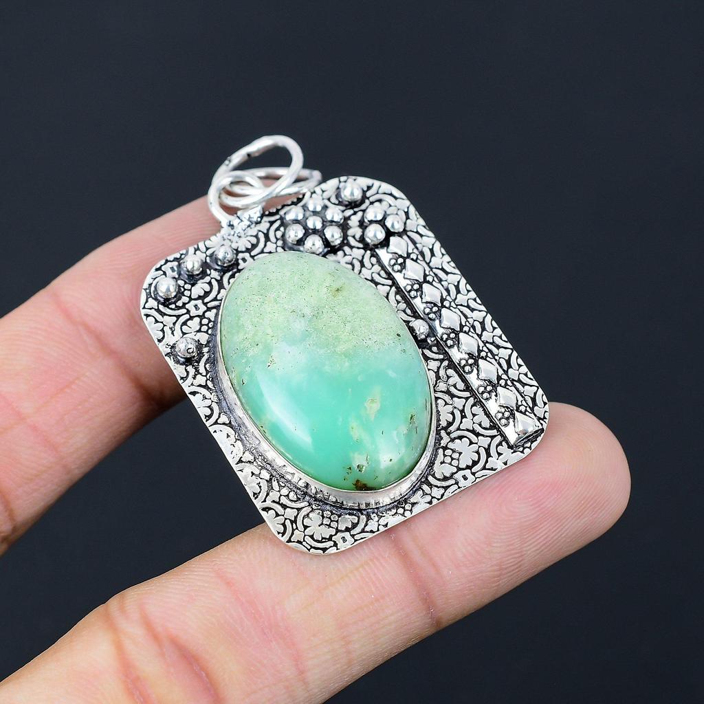 Easter Deal 925 Silver Oval Heart Chakra Chrysoprase Gemstone Boho Wife Pendant