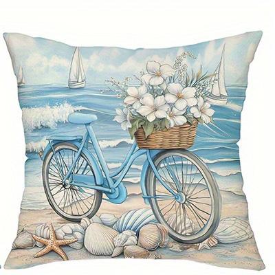 Beach Scenes Bicycle Flowers Doublesided Printed pillow cover Short plush Suitable living rooms bedrooms throw cushion cover