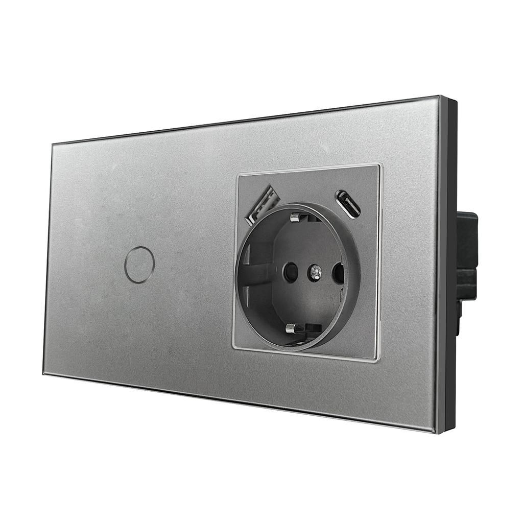 Сенсорный выключатель света из серого закаленного стекла европейского стандарта с разъемом USB C, настенный выключатель 220 В вкл./выкл., круглая нижняя коробка с двумя розетками